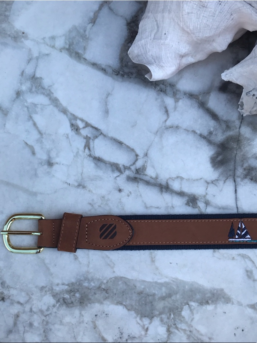West Marine Tan Leather Belt with Embroidered Sailboats Size 34 - Picture 7 of 13